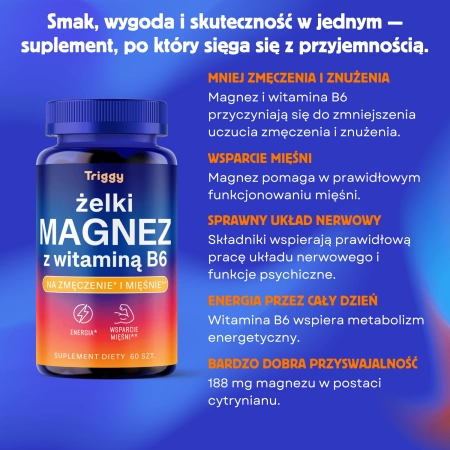 Triggy Żelki Magnez + Witamina B6 o smaku malinowym, 60 szt.