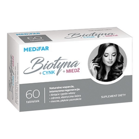 Biotyna + Cynk + Miedź 60 tab – suplement wsparcie włosów, skóry i paznokci